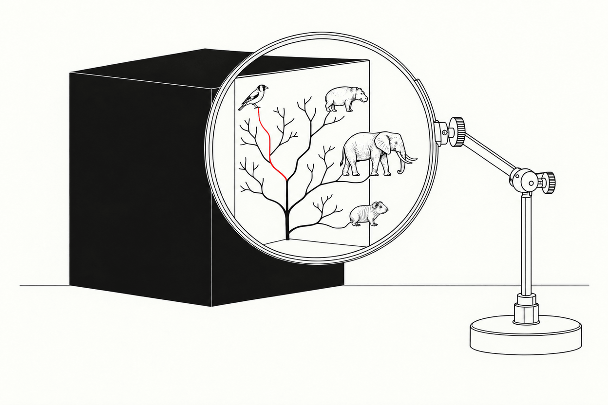 Line drawing of a solid black cube on a ground line. A large magnifying lens on a stand shows the inside of the cube: a tree that splits into finer branches, with a goldfinch, a hippo, an elephant, and a hairless skinny pig at the branch tips. The path to the goldfinch is red.