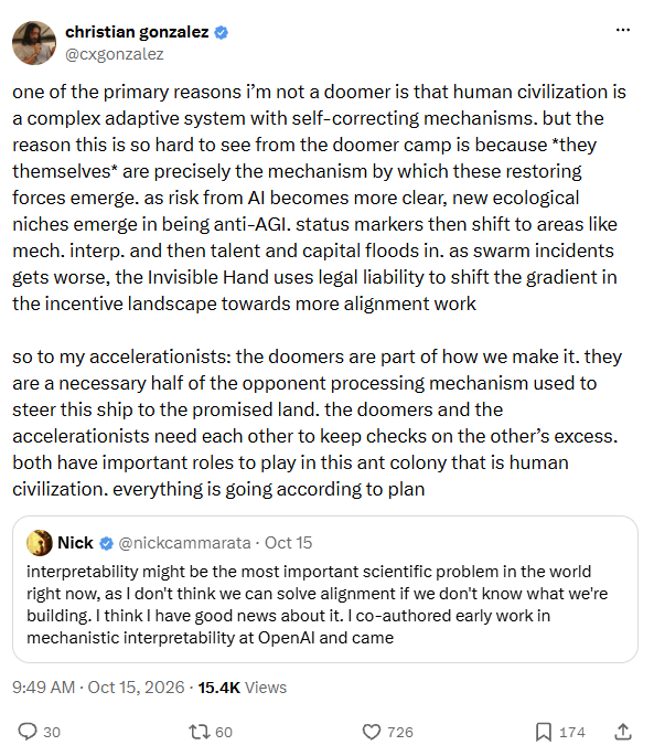 Post on X by christian gonzalez (@cxgonzalez), 9:49 AM, October 15, 2026, quoting a post by Nick Cammarata (@nickcammarata). The post reads: one of the primary reasons i’m not a doomer is that human civilization is a complex adaptive system with self-correcting mechanisms. but the reason this is so hard to see from the doomer camp is because *they themselves* are precisely the mechanism by which these restoring forces emerge. as risk from AI becomes more clear, new ecological niches emerge in being anti-AGI. status markers then shift to areas like mech. interp. and then talent and capital floods in. as swarm incidents gets worse, the Invisible Hand uses legal liability to shift the gradient in the incentive landscape towards more alignment work. so to my accelerationists: the doomers are part of how we make it. they are a necessary half of the opponent processing mechanism used to steer this ship to the promised land. the doomers and the accelerationists need each other to keep checks on the other’s excess. both have important roles to play in this ant colony that is human civilization. everything is going according to plan The quoted post, cut off in the screenshot, reads: interpretability might be the most important scientific problem in the world right now, as I don't think we can solve alignment if we don't know what we're building. I think I have good news about it. I co-authored early work in mechanistic interpretability at OpenAI and came…